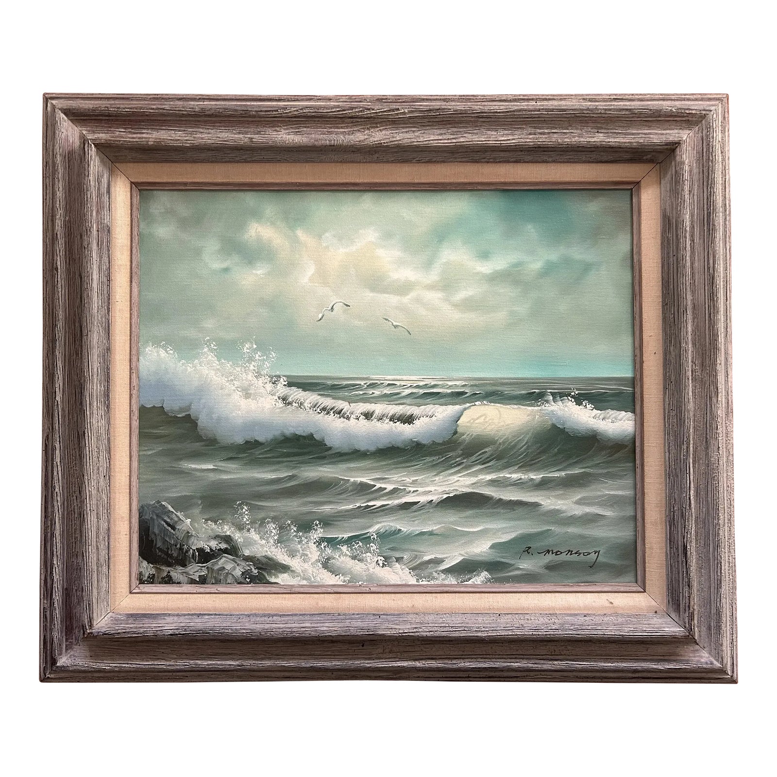 Mid Century Seascape Oil Painting in Rustic Wood Frame
