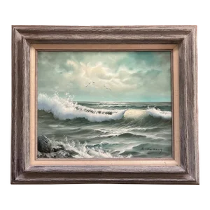 Mid Century Seascape Oil Painting in Rustic Wood Frame