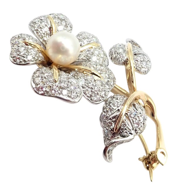 Gold Vintage Tiffany & Co. Yellow Gold Platinum Diamond Pearl Pin Brooch For Sale - Image 8 of 12