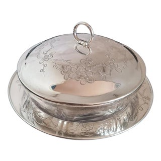 Antique Chinese Export Silver and Hand-Engraved Cut Glass Preserve Jar with Cover For Sale