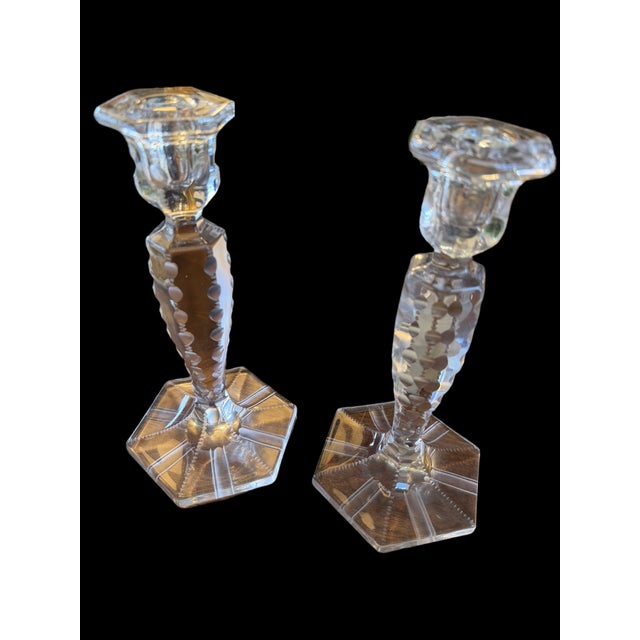 Victorian Antique American Brilliant Glass Candle Holders Pair For Sale - Image 3 of 9