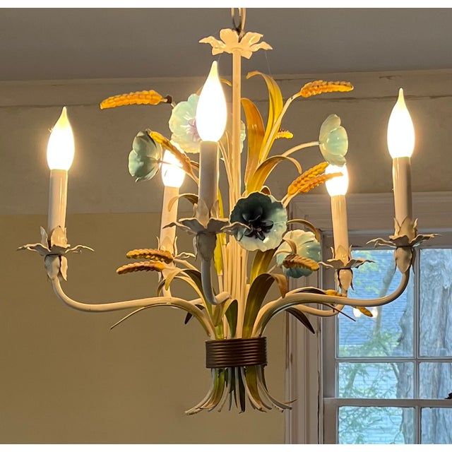 1970s Italian Mid-Century Tole Five Light Chandelier With Gathered Blue Flowers, Grasses and Wheat Stalks For Sale - Image 15 of 18