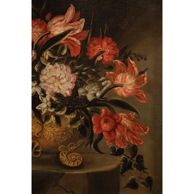 17th Century Maestro dei Vasi a Grottesche, Flower Composition in a Renaissance Vase, 17th Century, Oil Painting on Canvas, Framed For Sale - Image 5 of 15