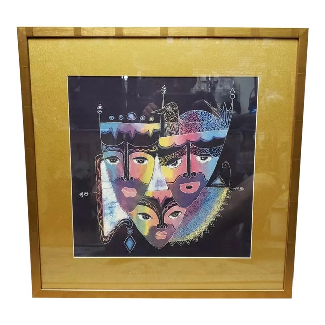 Indian Three Faces of Krishna Silk Painting For Sale