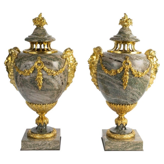 Louis XVI Green Granite Cassolettes with Gilded Bronze, Set of 2 For Sale - Image 9 of 9