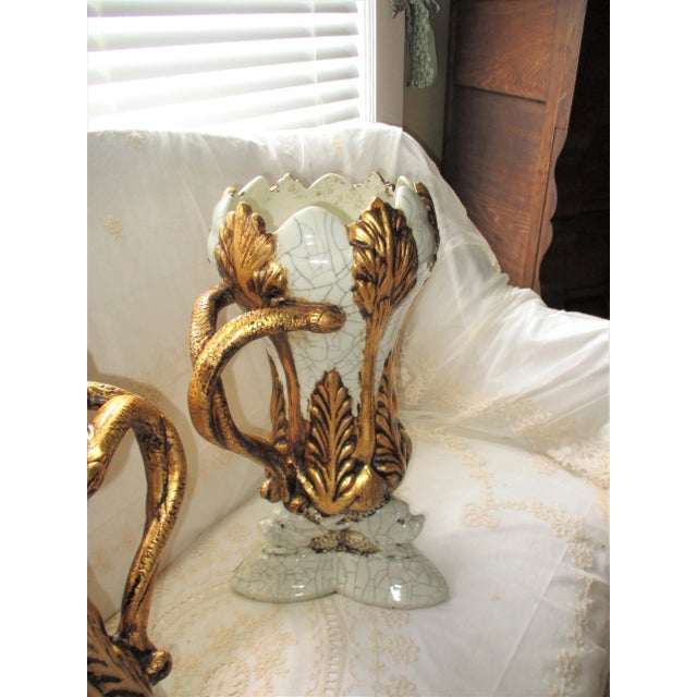 1920s Vintage Italy Dolphin Base & Double Snake Handle Gold & Grey Vases- a Pair For Sale - Image 5 of 13