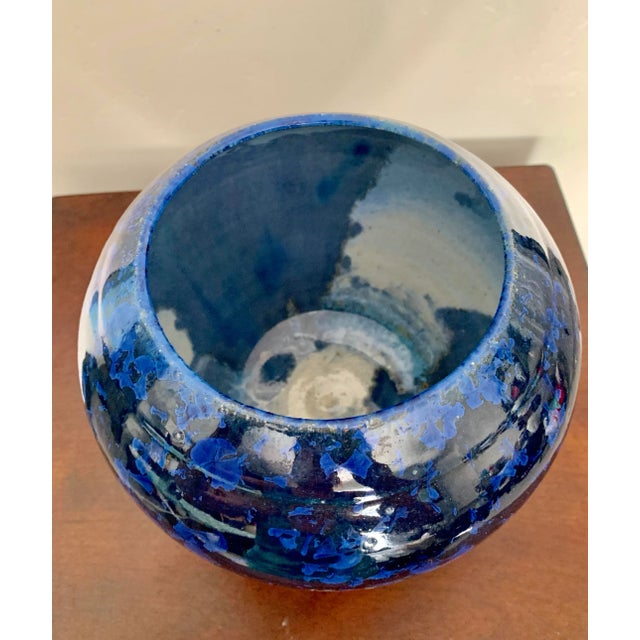 Modern Round Studio Pottery Vase With Two Tone Vivid Blue Glaze, Artist Stamped on the Bottom For Sale - Image 3 of 5