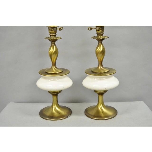 Hollywood Regency Vintage Rembrandt Hollywood Regency Brass & Porcelain Sculpted Table Lamp Pair For Sale - Image 3 of 13