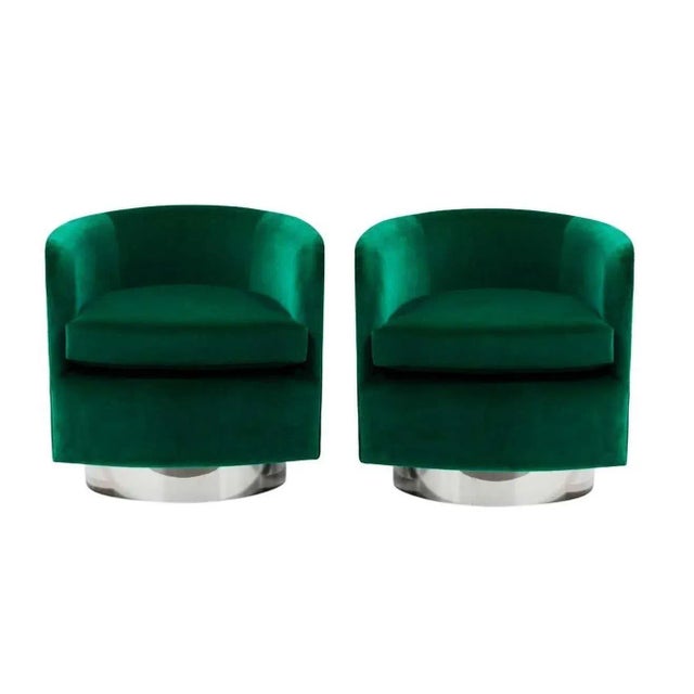 This stunning pair of heirloom quality barrel chairs by Milo Baughman for Thayer Coggin. Super high style, swivel chairs...