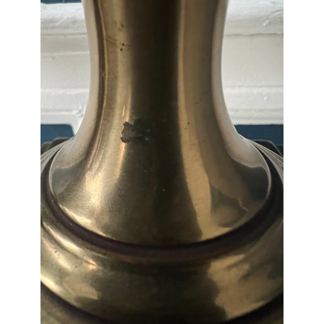 Stiffel Vintage Stiffel Enameled Brass Table Lamps With Scalloped Shades — Elegant Neoclassical Form - a Pair For Sale - Image 4 of 18