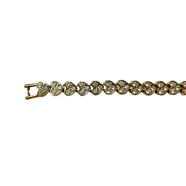 Metal Vintage Gold Tone Pave Rhinestone Heart Tennis Bracelet For Sale - Image 7 of 8