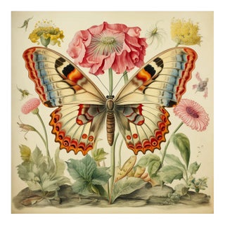 18' X 18' 'Butterfly and Flowers' Fine Art Print For Sale