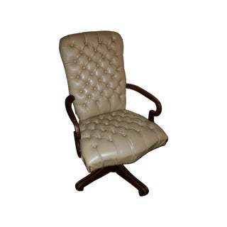 Vintage Tufted Leather and Wood Executive Chair For Sale