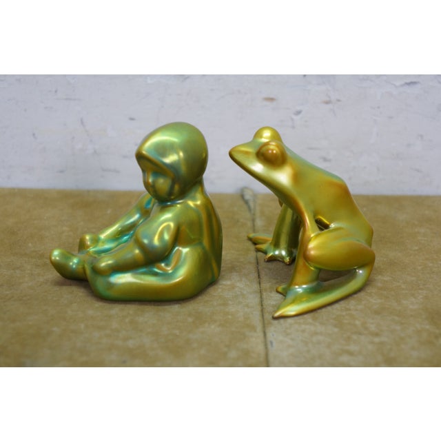 Late 20th Century Late 20th Century Zsolnay Eosin Hungarian Iridescent Green Art Deco Frog & Girl Figurines 3" For Sale - Image 5 of 13