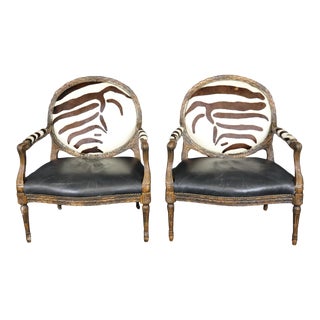 Faux Zebra Printed Cowhide and Leather Extra Wide French Louis XVI Armchairs For Sale