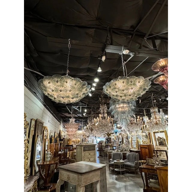 Gorgeous pair of modern Fontana green flush mount chandeliers with disc shapes. Creates a great upscale designer look! 31...