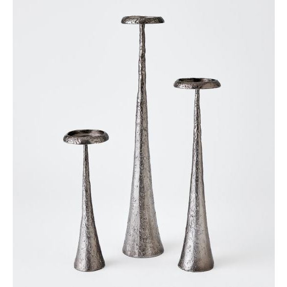 Overall 12.5"H x 4.5"Dia. (4.5 lbs) Holds a 3" Pillar Candle Gunmetal Dust with dry cloth Candle sold separately