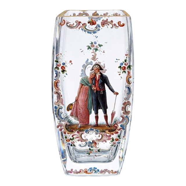 Antique J L Lobmeyr Austrian Enamel Decorated Crystal Vase Romantic Scene For Sale