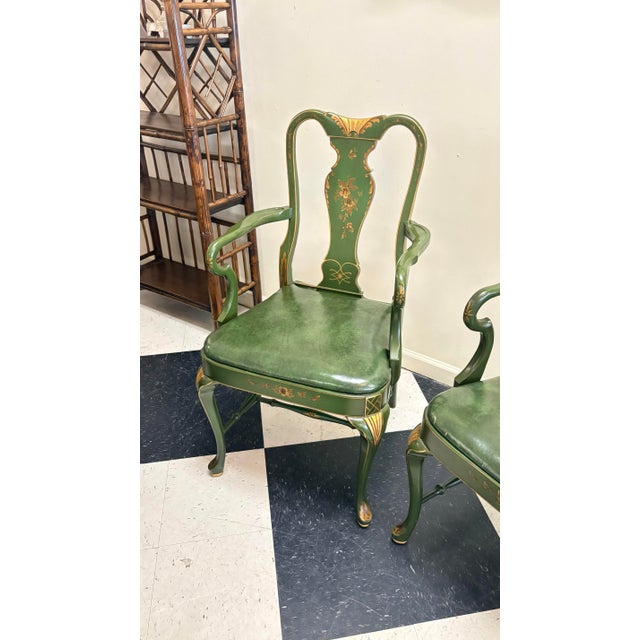 Mid-Century Chinoiserie Green Leather Arm Chairs - Queen Anne Style For Sale - Image 9 of 10