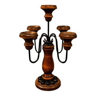 Vintage MCM Wood & Metal 5 Arm Candle Holder Candelabra For Sale
