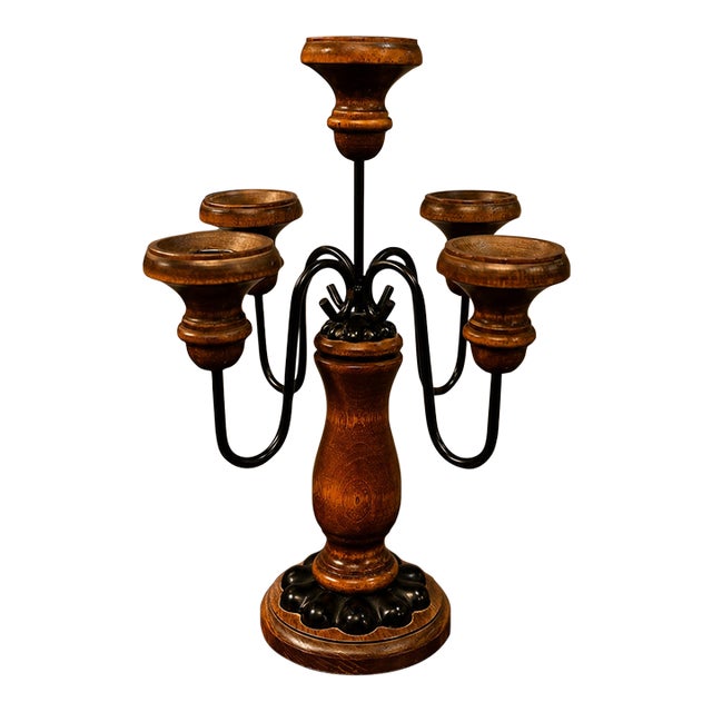 Vintage MCM Wood & Metal 5 Arm Candle Holder Candelabra For Sale
