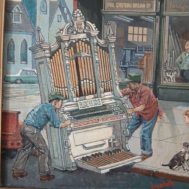 1960s Delivering the Pipe Organ Oil on Canvas 1960s Original Illustration For Sale - Image 5 of 8
