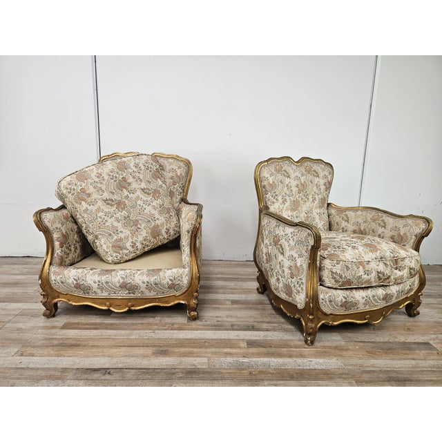 20th Century Italian Baroque Style Bergère Armchairs in Carved and Gilded Wood, Set of 2 For Sale - Image 6 of 18