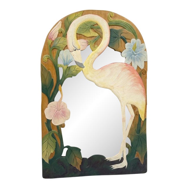 1980s Dorothy Draper Style Hand-Carved Tropical Flamingo Wall Mirror by Turtle and Crane - Palm Beach Regency For Sale