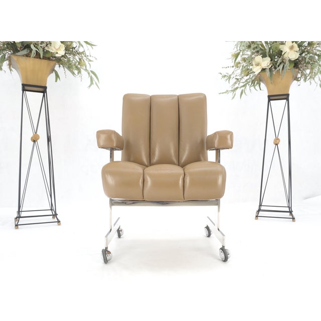 Metal Vladimir Kagan Leather Ribbed Style Upholstery Heavy Stainless Base Desk Chair For Sale - Image 7 of 12