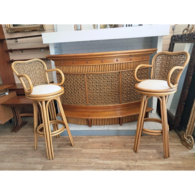 Vintage 1970s tropical tiki home bar & pair of swivel bar stools | bamboo, rattan & bentwood | rare curved cocktail bar...