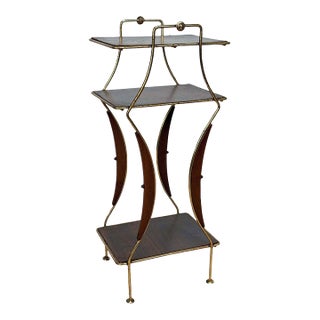 Mid-Century Atomic Faux Walnut Gold Tiered Plant Stand For Sale
