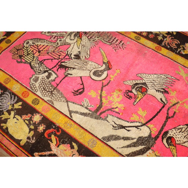 Zabihi Collection Bright Pink Antique Worn Flamingo Pictorial Khotan Rug - 5'10" x 10' For Sale - Image 9 of 12