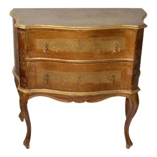 20th Century Etched Giltwood Florentine 2 Drawers Chest Commode and Brass Pulls For Sale