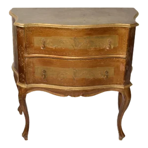 20th Century Etched Giltwood Florentine 2 Drawers Chest Commode and Brass Pulls
