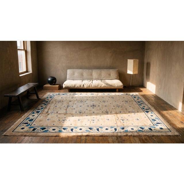 Champagne 1890s Tan Champagne Dragon Medallion Antique Chinese Peking Rug 12'2" X 13'8" Handknotted Wool Carpet For Sale - Image 8 of 9