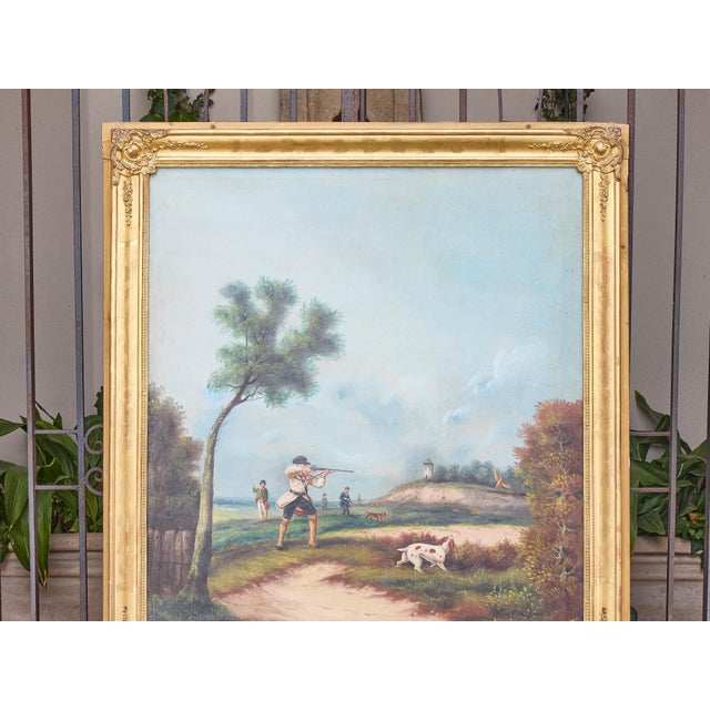 Wood 19th Century English Gilt Trumeau Mirror with Hunting Scene Oil Painting For Sale - Image 7 of 12