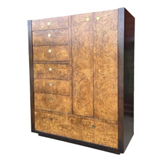 Century Furniture Burlwood and Brass Armoire Highboy Wardrobe Mid Century Modern For Sale