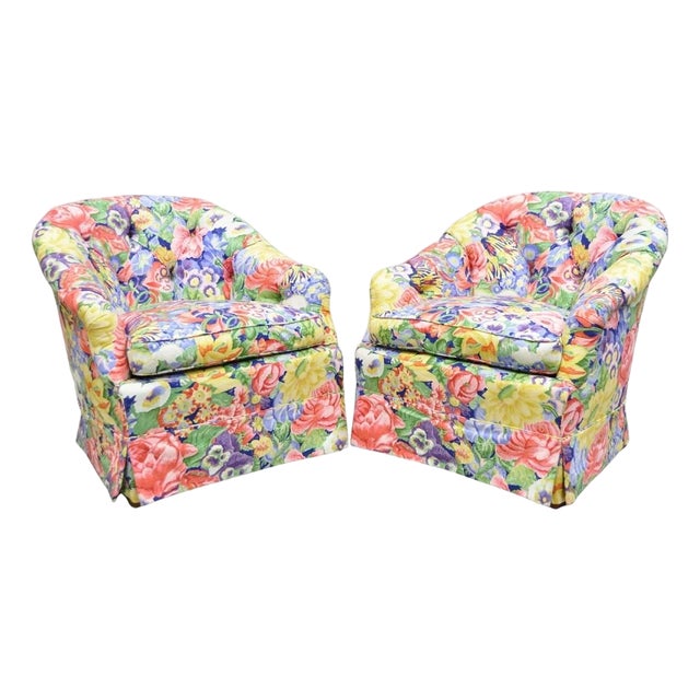 Vintage English Regency Floral Chintz Tufted Rolled Arm Club Lounge Chair - Pair For Sale