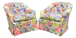 Vintage English Regency Floral Chintz Tufted Rolled Arm Club Lounge Chair - Pair