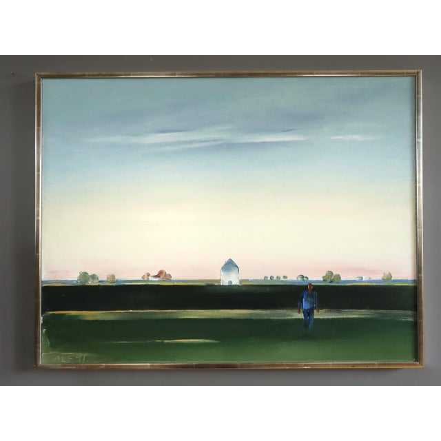 THE DISTANCE BETWEEN Oil on canvas Size: 20.1 x 26.4 inches (including frame) A serene landscape painting that presents a...