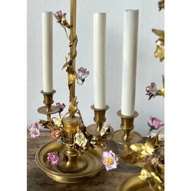 Brass Vintage Regency Porcelain Roses Lamps - a Pair For Sale - Image 8 of 9