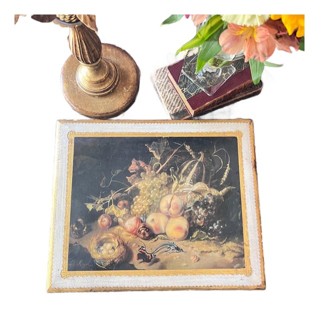 Amazing hand-painted LARGE rectangular Florentine box with still life top // giltwood box // mid 20th century // gilt // made in Italy // floral For Sale