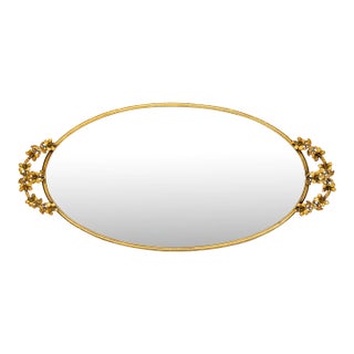 Mid-Century Oval Gilt Mirrored Tray With Floral Handles – Hollywood Regency / Italian Florentine Style For Sale