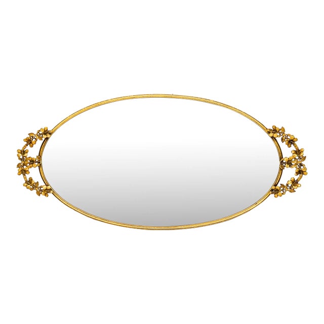 Mid-Century Oval Gilt Mirrored Tray With Floral Handles – Hollywood Regency / Italian Florentine Style For Sale