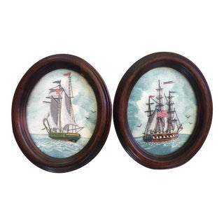 1950s Sailing Ships Needlework Framed in Oval Mahogany Frames - a Pair For Sale
