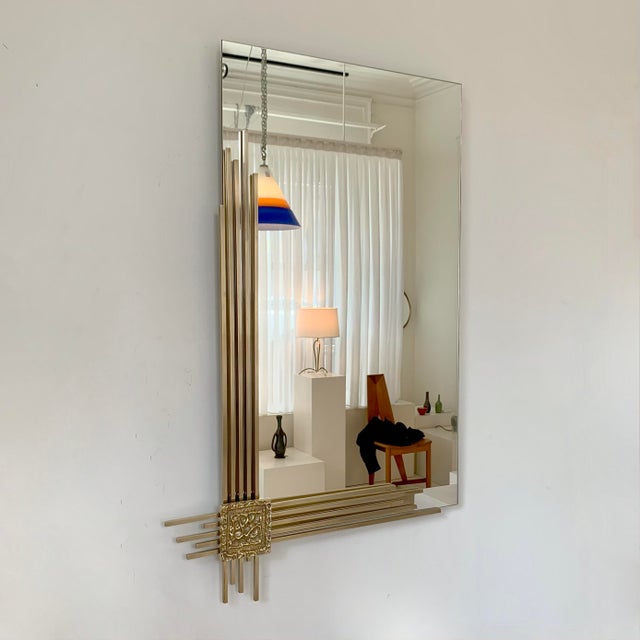 Angelo brotto mid-century signed wall mirror, for esperia, circa 1970, italy. brass, mirror. dimensions: 100 cm h, 66 cm...