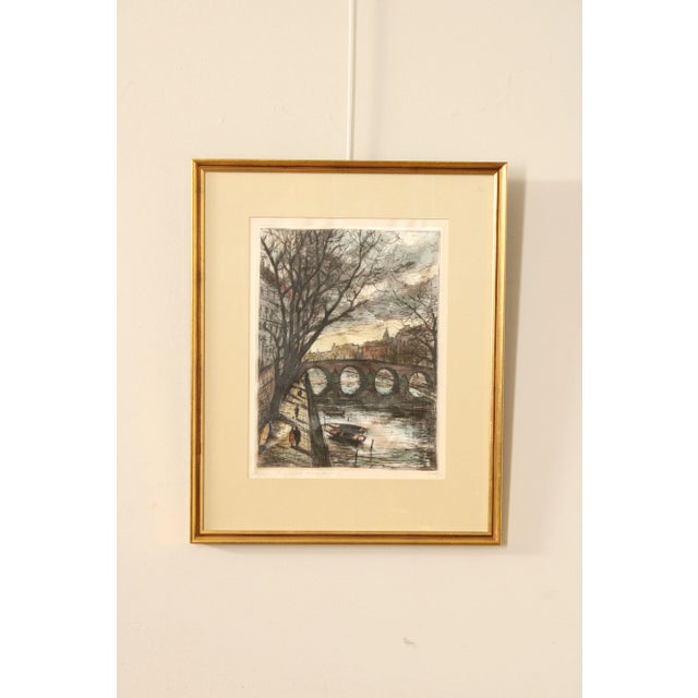 Vintage Mid 20th Century Impressionist Style Parisian Street Scene Along the Seine, Colored Etched, Signed on the Lower...