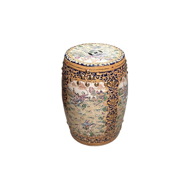 Chinoiserie Vintage Oriental Chinoiserie Western Graphic Porcelain Stool Table Ottoman For Sale - Image 3 of 9