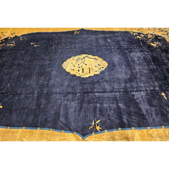 1900 - 1909 Antique Art Deco Chinese Oversized Rug, Handwoven Wool, Cranes & Butterflies Design, Navy & Tan, 14' X 19' For Sale - Image 5 of 17