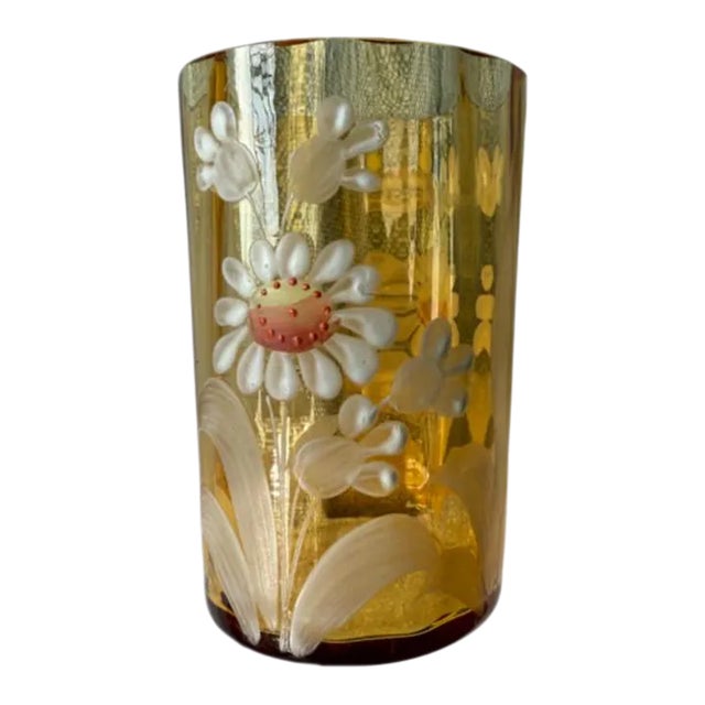 Vintage Glass Tumbler With Hand-Painted Daisies Amber For Sale